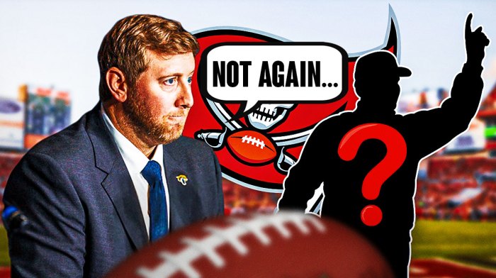 Jacksonville Jaguars head coach Liam Coen with a speech bubble that says "Not again..." He is next to a silhouette of a football coach with a big question mark emoji inside. There is also a logo for the Tampa Bay Buccaneers.