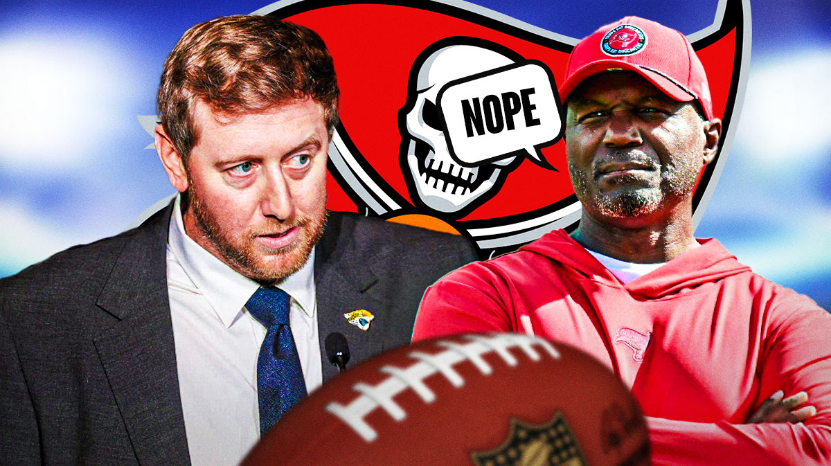 Jacksonville Jaguars head coach Liam Coen with Tampa Bay Buccaneers head coach Todd Bowles. Bowles has a speech bubble that says "Nope!" There is also a logo for the Tampa Bay Buccaneers.