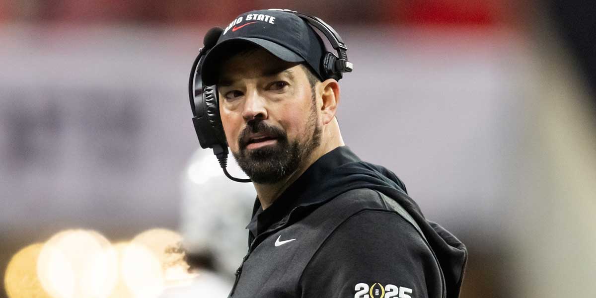 Ohio State Buckeyes head coach Ryan Day against the Notre Dame Fighting Irish during the CFP National Championship college football game at Mercedes-Benz Stadium.