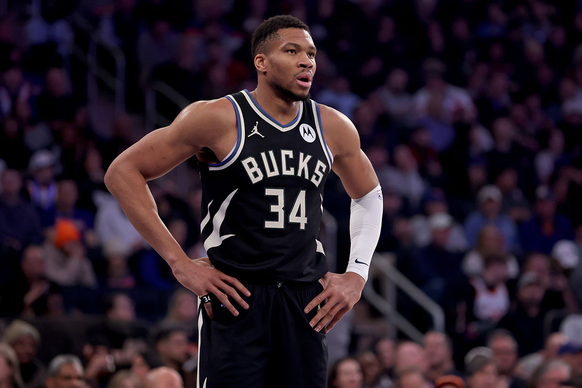 Milwaukee Bucks forward Giannis Antetokounmpo (34) reacts during the first quarter against the New York Knicks at Madison Square Garden. 