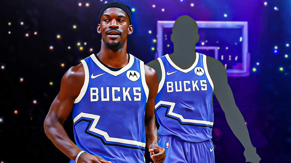 Jimmy Butler in a Bucks jersey, a Bucks player silhouette
