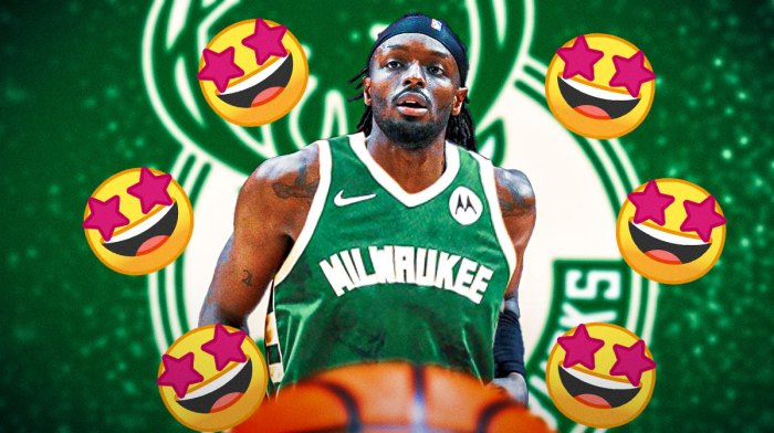 Jerami Grant in the middle in a Milwaukee Bucks uniform, Milwaukee Bucks wallpaper in the background, 🤩 emoji all around