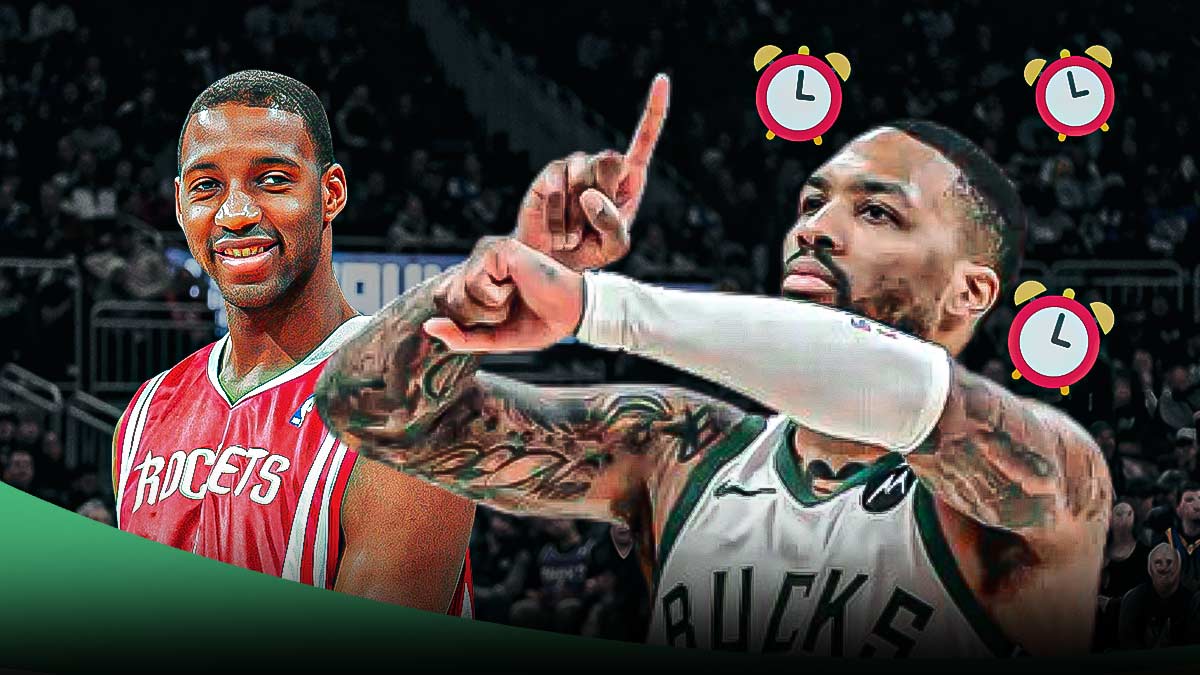 Bucks' Damian Lillard with clocks all over him, with 2004 Rockets version of Tracy McGrady smiling at him