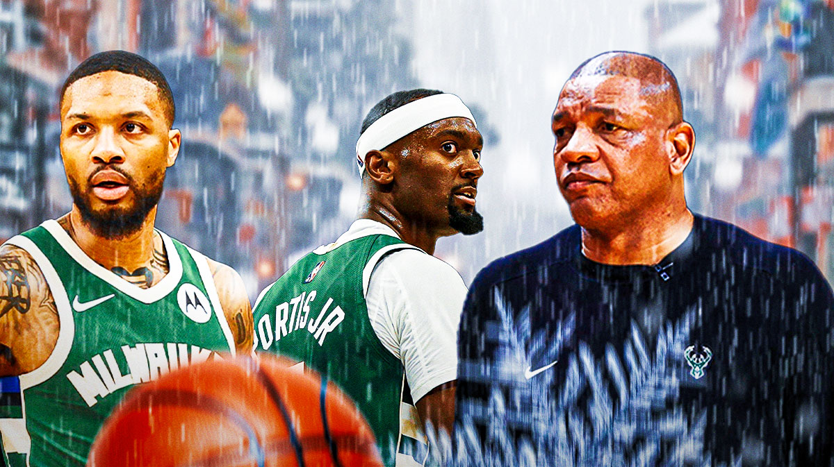 Bobby Portis, Doc Rivers and Damian Lillard looking out a hotel window overlooking a snowy New Orleans wearing some combo of Bucks gear and pajamas.
