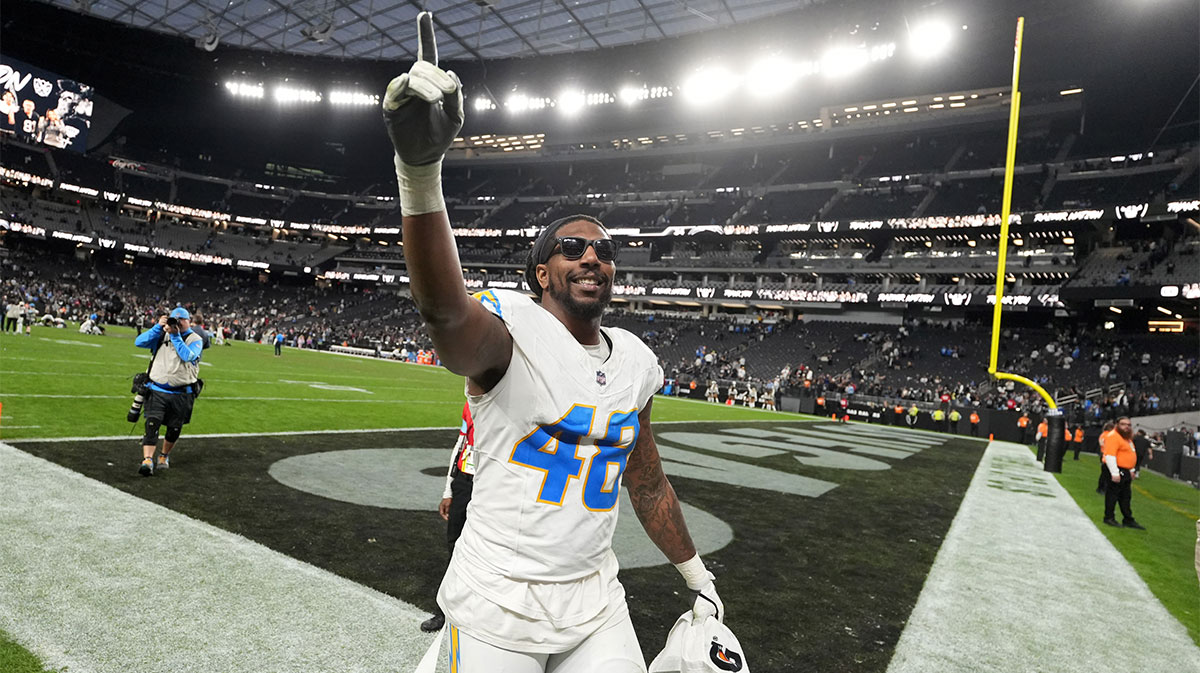 Los Angeles Chargers linebacker Bud Dupree (48) celebrates after the game against the Las Vegas Raiders at Allegiant Stadium.