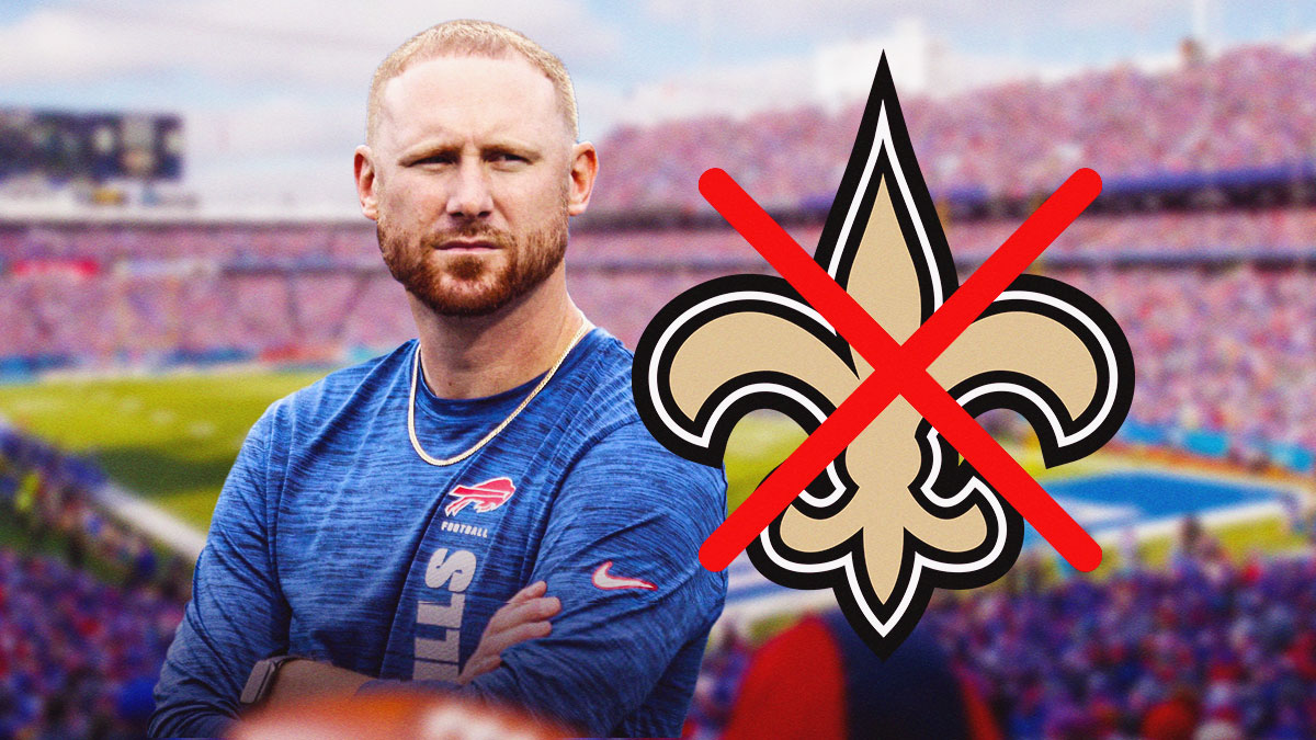 Bills Joe Brady next to a Saints log with a big red X through it.