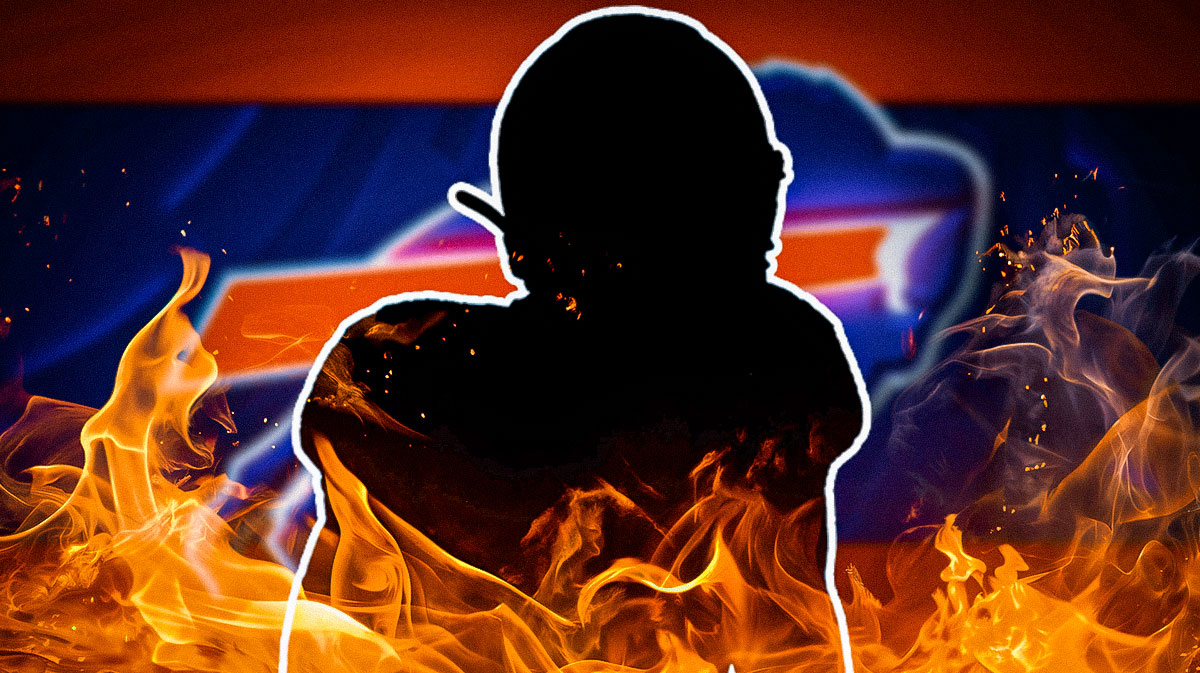 A silhouette in the center, with the Buffalo Bills logo in the background and fire all around it.