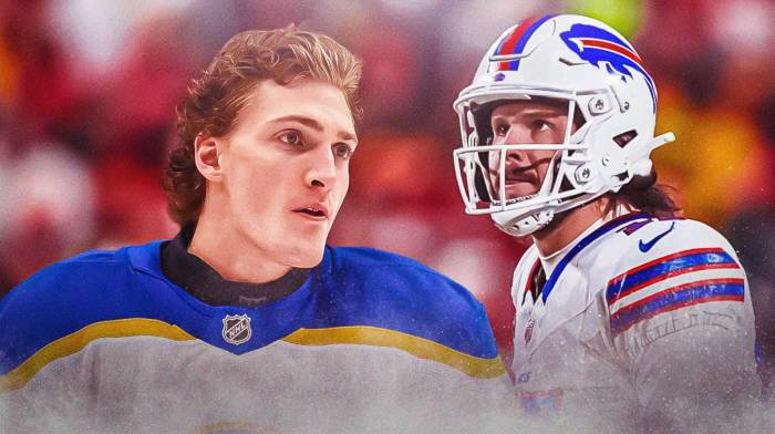 Bills QB Josh Allen next to Sabers Tage Thompson