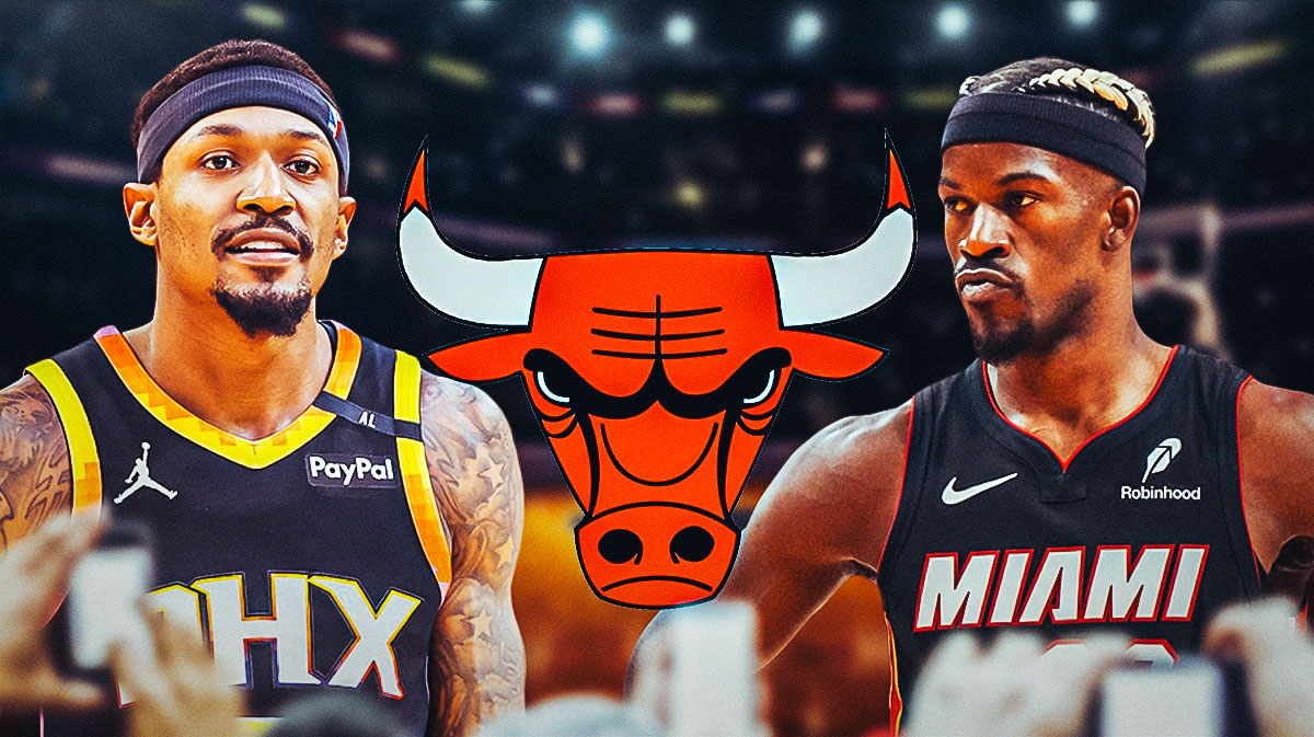 Bradley Beal and Jimmy Butler, with the Bulls logo in the middle of them.