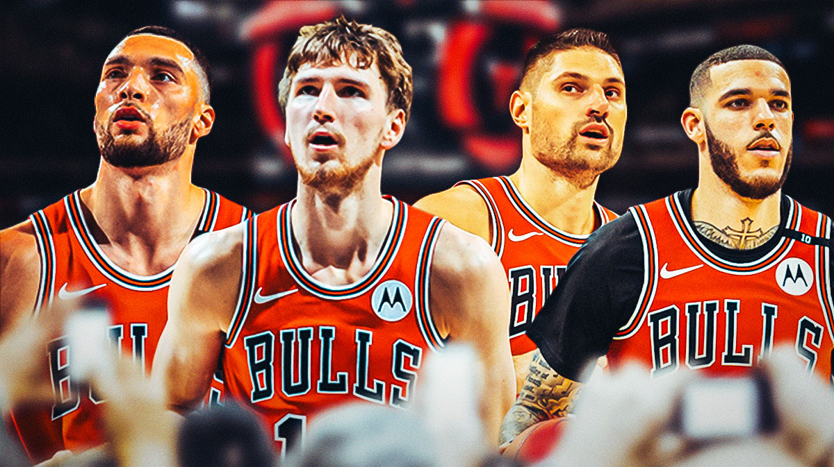 Bulls, Bulls trade, Bulls trade rumors, NBA rumors, Bulls rumors, Zach LaVine, Matas Buzelis, Nikola Vucevic and Lonzo Ball all in Bulls unis with Bulls arena in the background