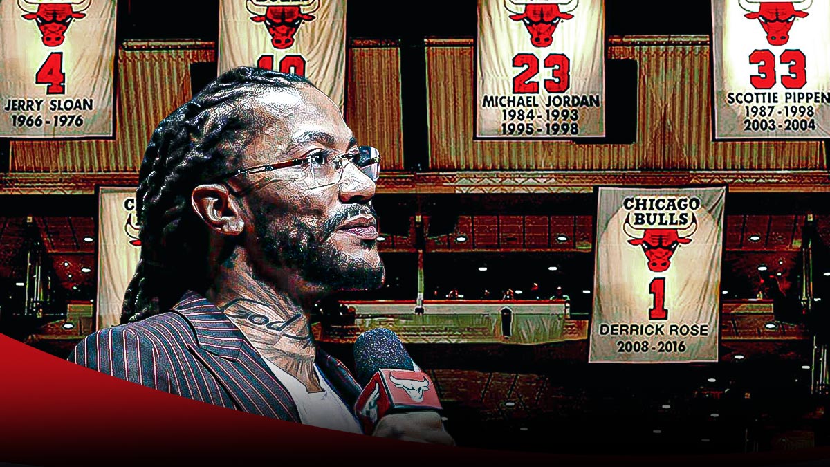Derrick Rose looking at his jersey up in the Bulls rafters.
