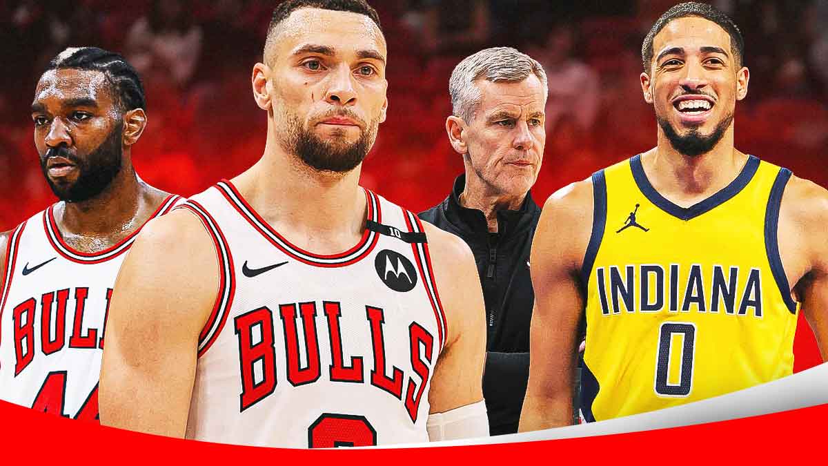 Bulls' Patrick Williams, Zach LaVine and Billy Donovan looking angry, with angry emojis all over, Pacers' Tyrese Haliburton hyped up