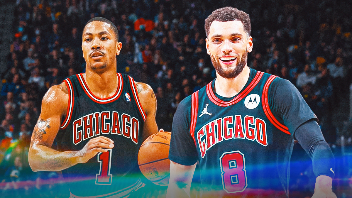Zach Lavine smiles at Derrick Rose, both in Bulls jerseys