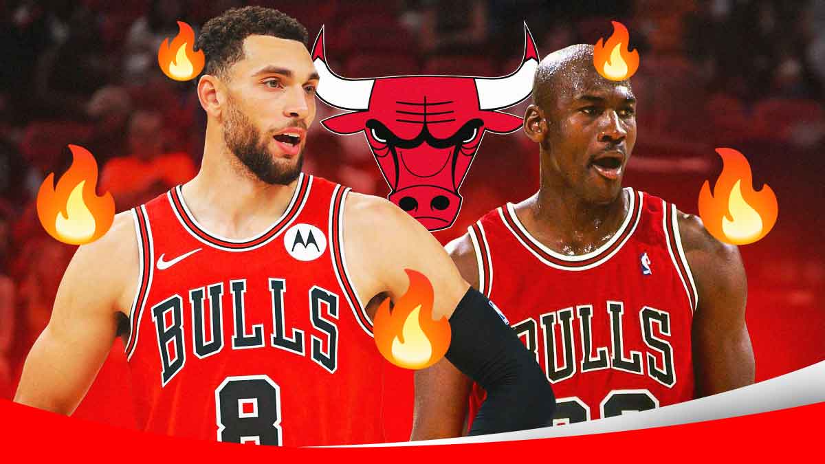 Zach Lavine, Michael Jordan, Chicago Bulls logo in background, fire symbols surrounding Lavine and Jordan