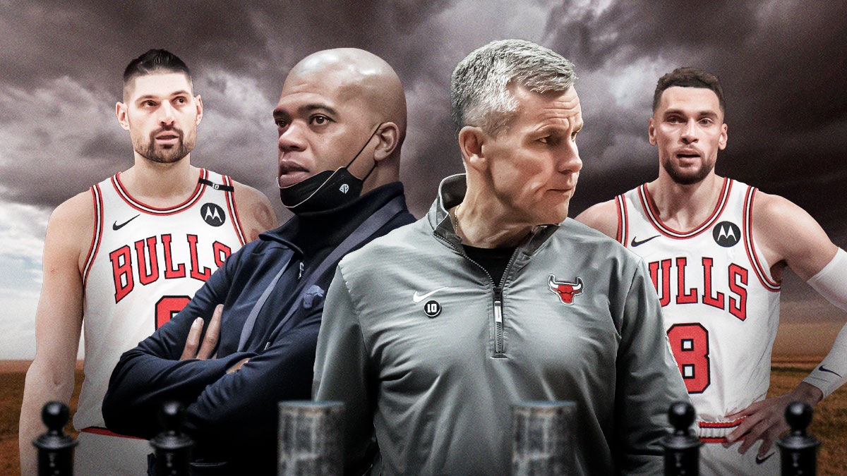 Bulls coach Billy Donovan, GM Marc Eversley, Zach LaVine, and Nikola Vucevic all looking sad/serious with a dar and stormy background