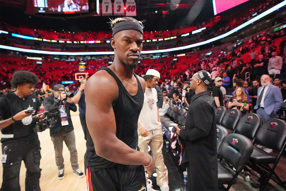 Miami Heat forward Jimmy Butler (22) leaves the court after greeting friends on the court following the win over the San Antonio Spurs at the Casey Center.