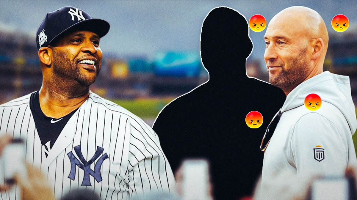 CC Sabathia in a Yankees uniform. Alex Rodriguez as a silhouette. Derek Jeter with angry emojis around him.