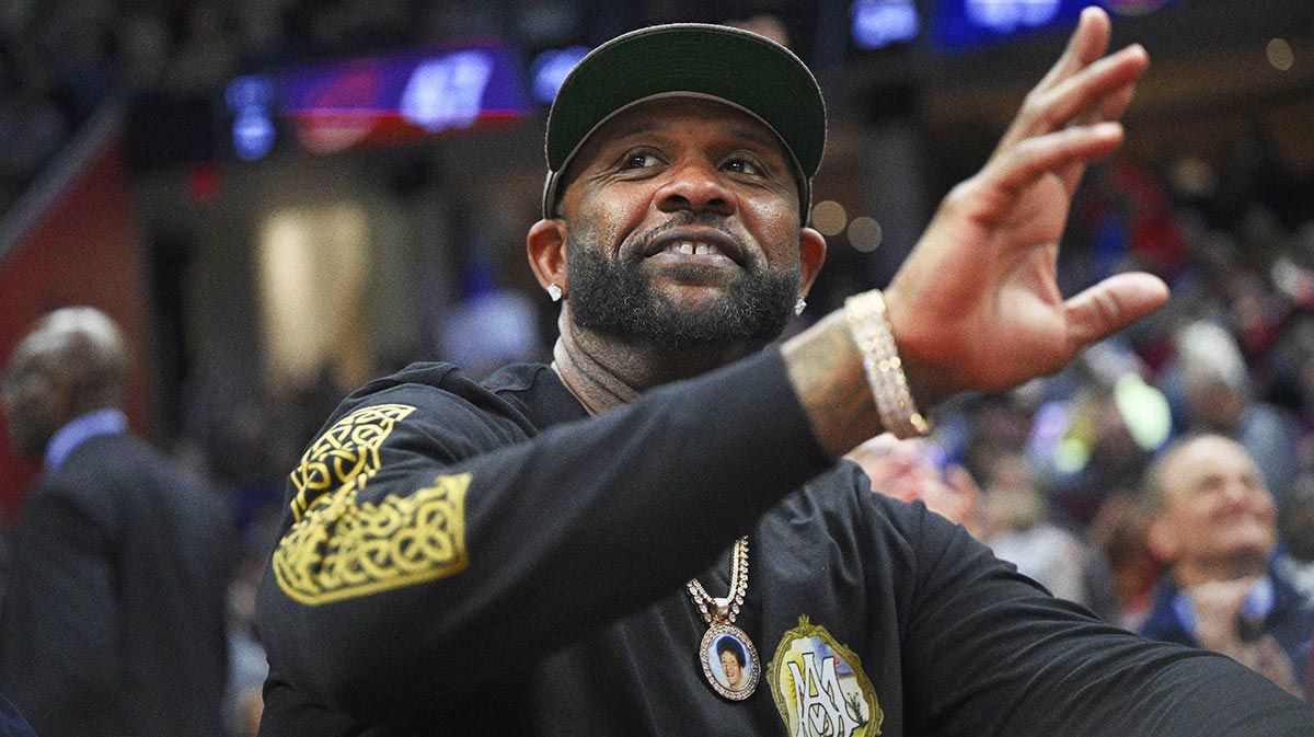 Former Major League Baseball pitcher CC Sabathia waves to the crowd in the second quarter of a game between the Cleveland Cavaliers and the Denver Nuggets at Rocket Mortgage FieldHouse.