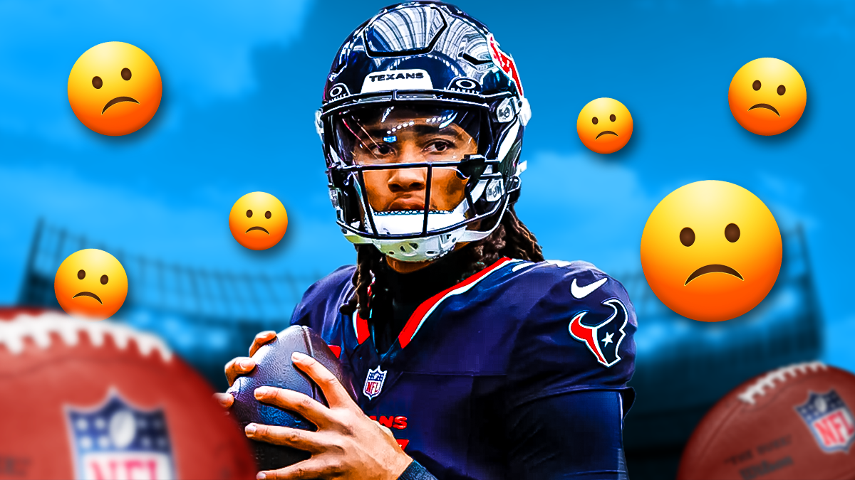 CJ Stroud in a Houston Texans uniform with frowny face emojis around him as he threw a bad interception to the Chargers in the playoffs.
