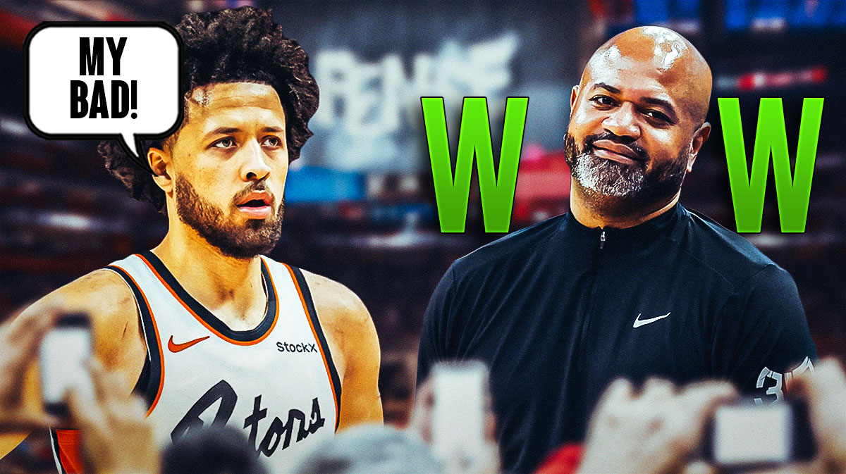 Pistons' Cade Cunningham saying "my bad" next to JB Bickerstaff