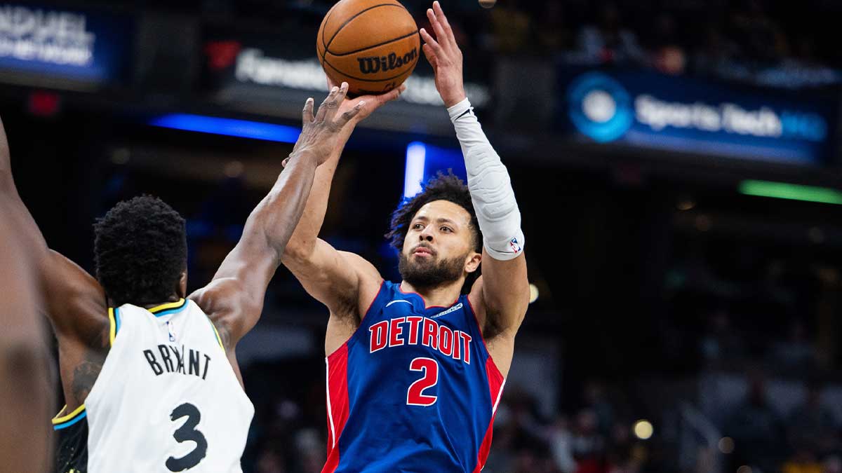 Detroit Pistons Guard Cade Cunningham (2) Shoot the ball While Indiana Pacers Center Thomas Briant (3) defends in the second half at Gainbridge Fieldhouse.