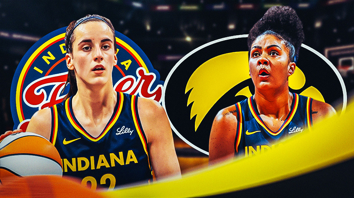 Indiana Fever guard Caitlin Clark and forward Damiris Dantas. There are also logos for the Indiana Fever and the University of Iowa. The background of the image is Carver-Hawkeye Arena in Iowa City, Iowa.