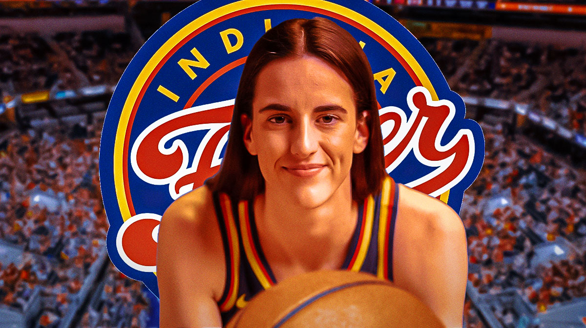 Caitlin Clark (Fever) in front of Fever logo and basketball arena background