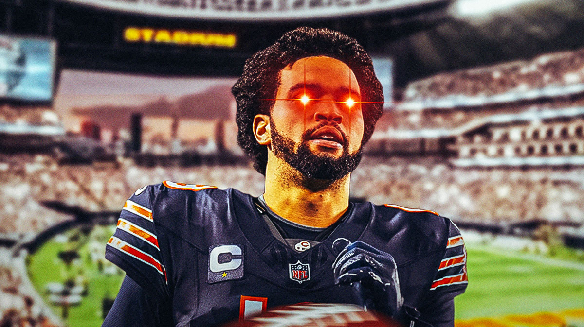 Caleb Williams in a Chicago Bears uniform with red glowing eyes as Williams is angry about criticism of his offensive line as the offense continues to struggle.