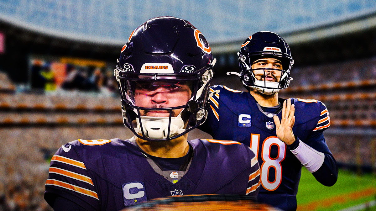 Caleb Willams, Bears, Packers, Bears Packers, Caleb Williams Bears, Caleb Williams in Bears uni with Bears stadium in the background