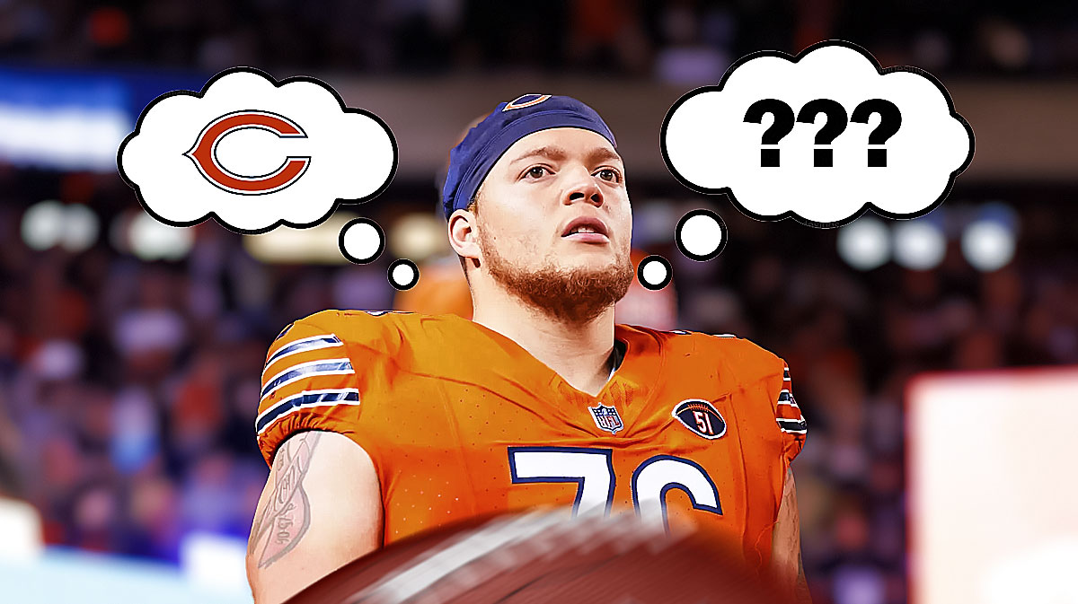 Chicago Bears OL Teven Jenkins with two thought bubbles, one on the right and one on the left. Inside thought bubble on left, please put Chicago Bears logo. On thought bubble on right, please put multiple ?s. Background is Soldier Field.