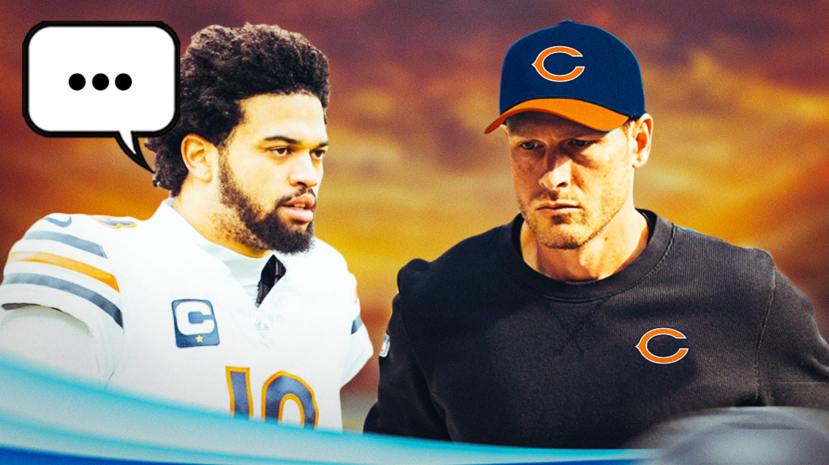 Chicago Bears QB Caleb Williams with a speech bubble that has the three dots emoji inside. He is next to Bears head coach Ben Johnson. There is also a logo for the Chicago Bears.