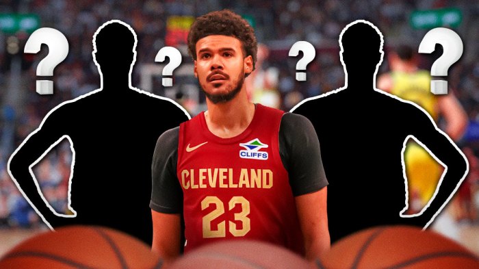 Cam Johnson in Cavs jersey with blacked out players next to him