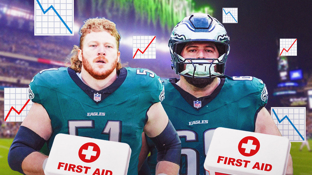 Eagles offensive linemen Cam Jurgens and Landon Dickerson with 📈 and 📉 emojis throughout the background. Medical kits in front of both players. Background is Lincoln Financial Field.