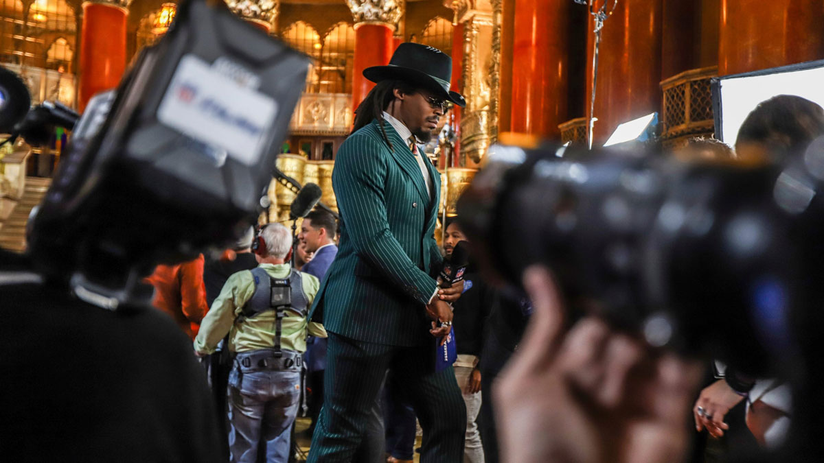 Former NFL auarterback Cam Newton hosts a NFL Draft show for the red carpet for NFL Draft day at the Fox Theatre in Detroit on Thursday, April 25, 2024.