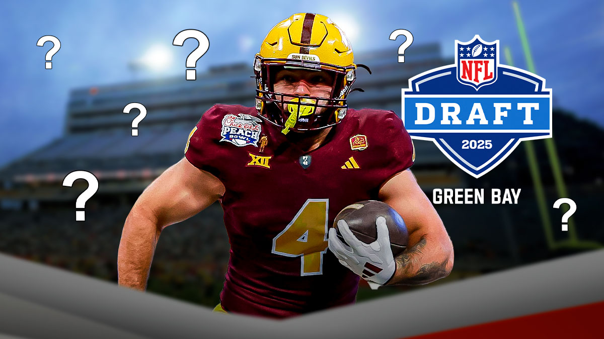 Cam Skattebo with question marks around him with the 2025 NFL draft logo as the background.