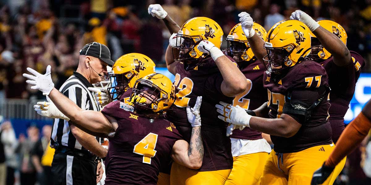 Arizona State celebrate together after Arizona State Sun Devils running back Cam Skattebo (4) scores a touchdown in the fourth quarter as the Texas Longhorns play the Arizona State Sun Devils in the Peach Bowl College Football Playoff quarterfinal at Mercedes-Benz Stadium