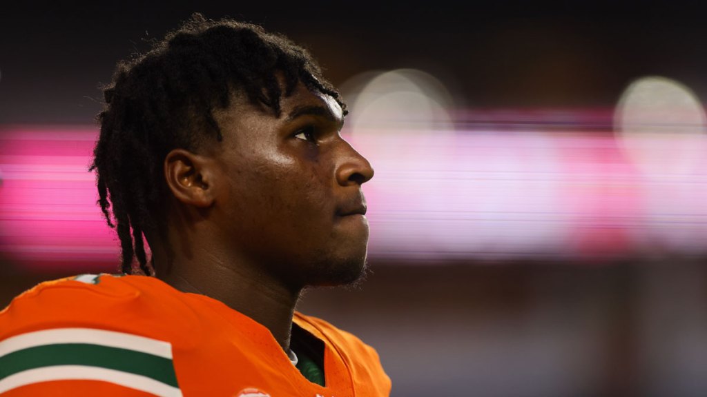 Miami Hurricanes quarterback Cam Ward (1) looks on from the field before the game against the Virginia Tech Hokies at Hard Rock Stadium.