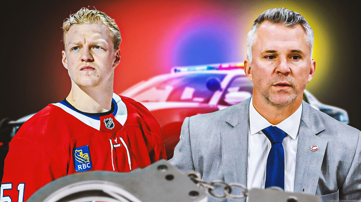 Canadiens' Emil Heineman, coach Martin St. Louis, police car with flashing lights in the background
