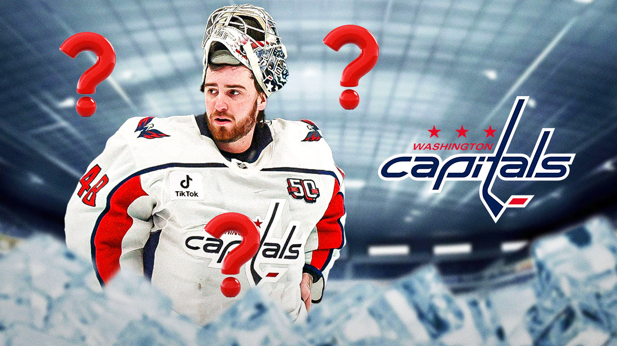 Logan Thompson looking hopeful, 3-5 question marks, Washington Capitals logo, hockey rink in background