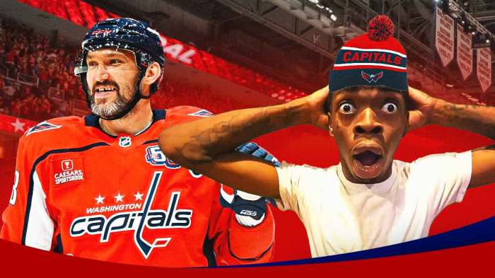 Excited fan wearing a Capitals hat next to Capitals' Alex Ovechkin as he nears Wayne Gretzky's goal record.