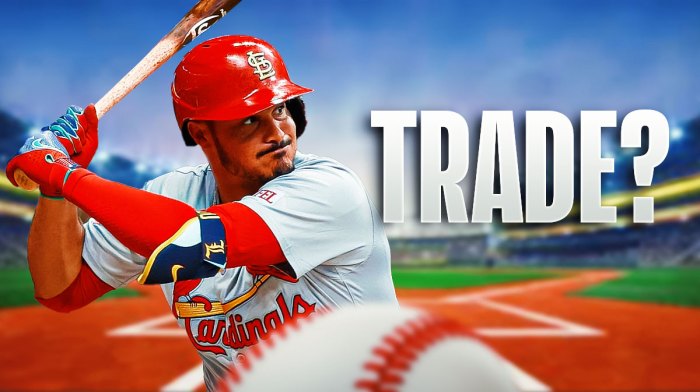 On left, Cardinals Nolan Arenado swinging a baseball bat. On right, write the following: TRADE?