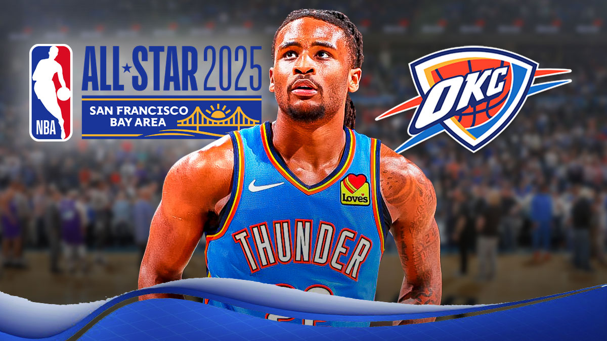 Thunder guard Cason Wallace next to the Thunder logo with the 2025 NBA All-Star Weekend logo in the background for this year's Rising Star Challenge