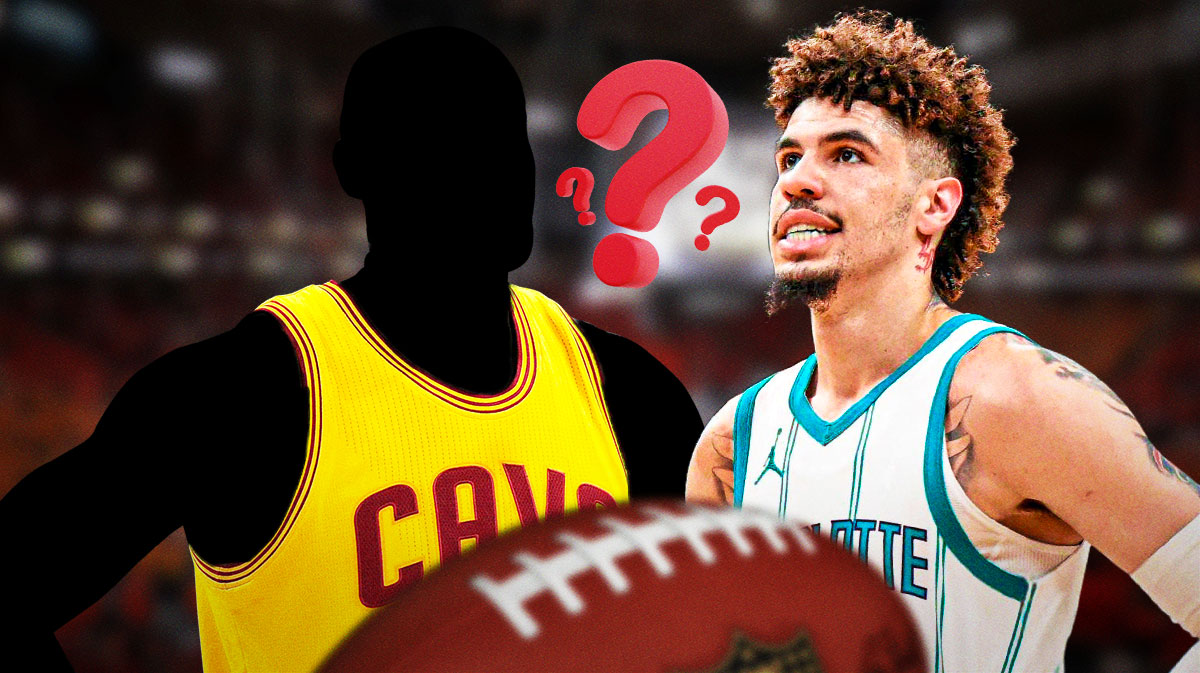 A silhouetted Cavs player next to LaMelo Ball surrounded by question marks.