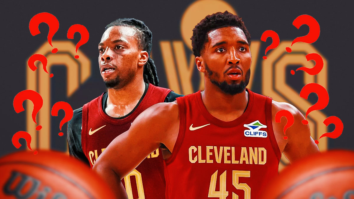 Darius Garland and Donovan Mitchell, both looking sad, surrounded by question marks featuring a Cavs-themed BG.