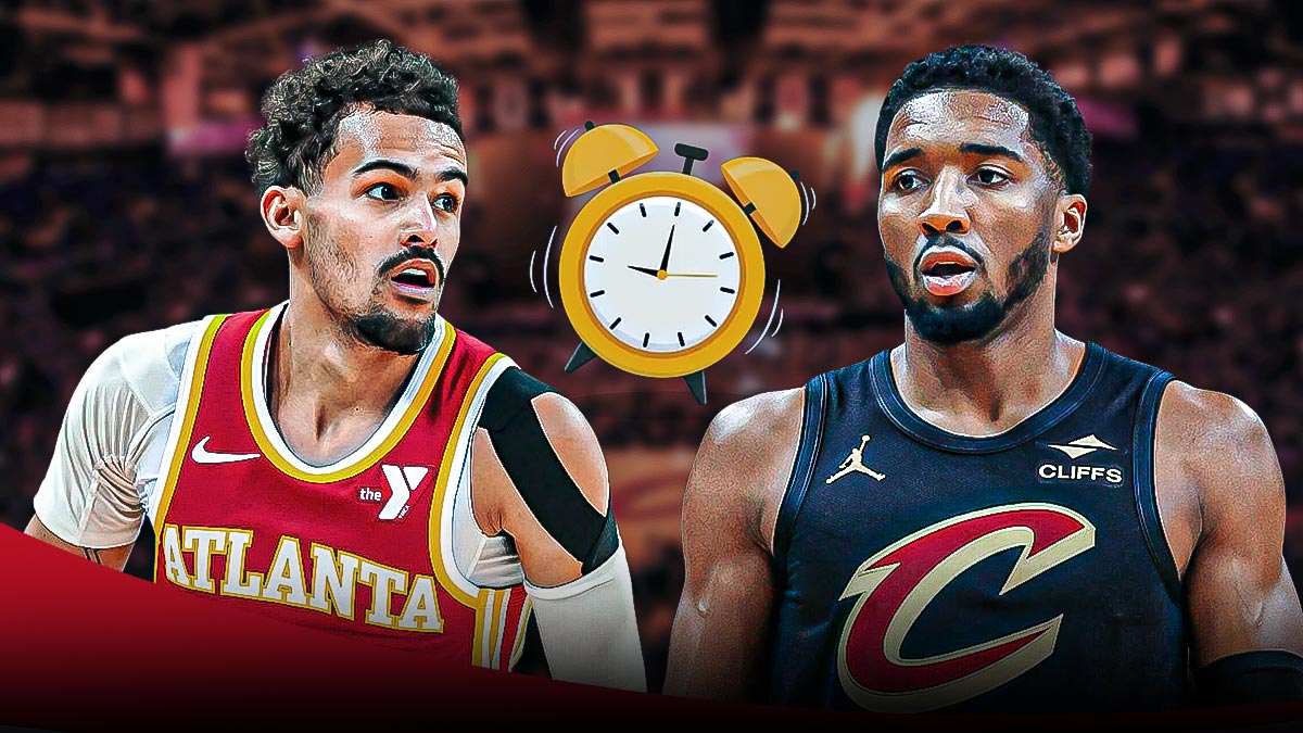 Donovan Mitchell next to Trae Young with an alarm clock going off between them.