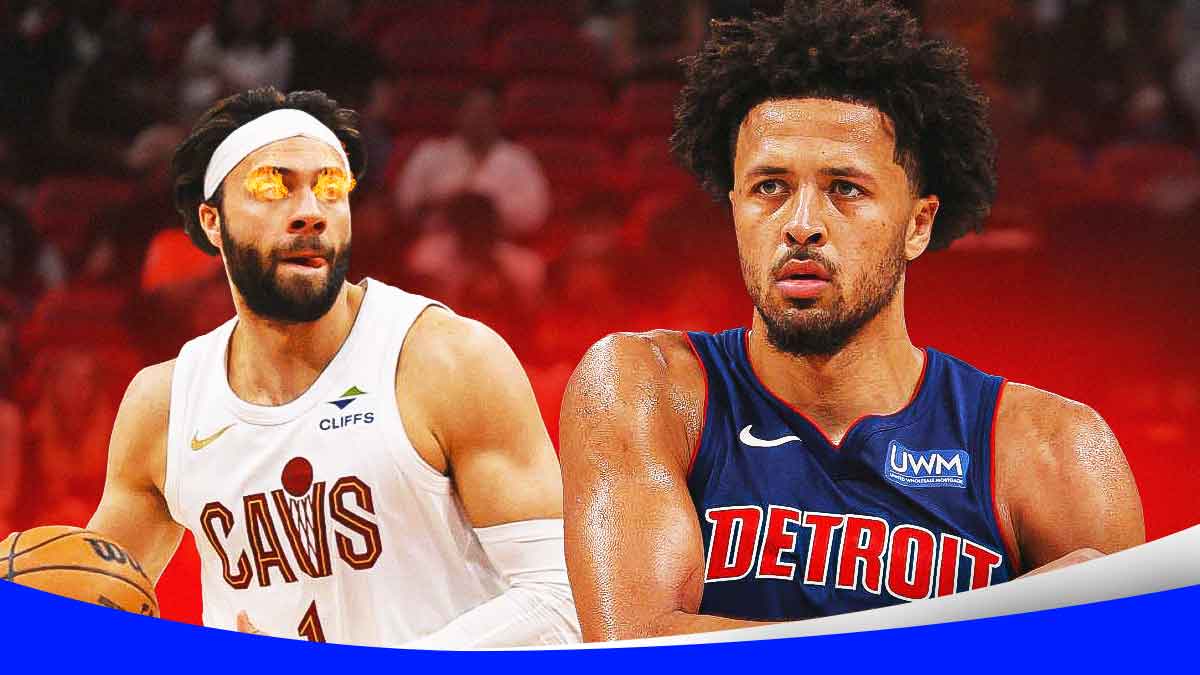 Max Strus (with fire in his eyes) staring down Cade Cunningham featuring a Cavs-Pistons-themed BG.