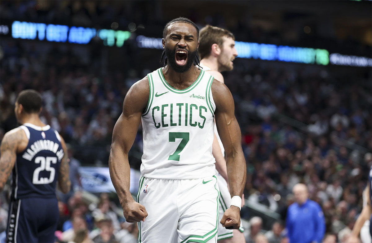 Boston Celtics guard Jaylen Brown (7) celebrates during the second half against the Dallas Mavericks at American Airlines Center.