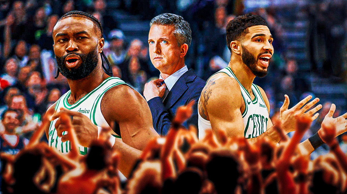 The Ringer's Bill Simmons in the middle of Boston Celtics stars Jayson Tatum and Jaylen Brown