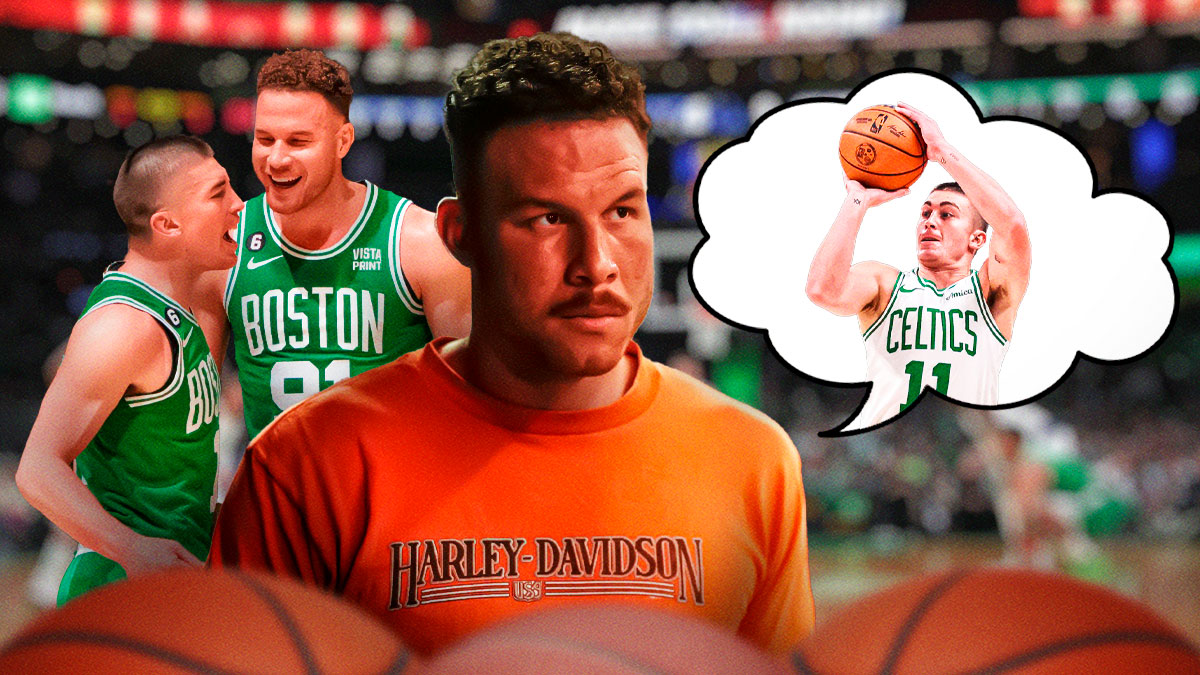 Blake Griffin with a thought bubble of Payton Pritchard shooting a three, and another photo of Pritchard in his rookie year next to Griffin.