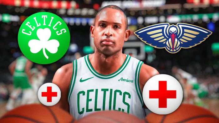 Celtics center Al Horford next to the Celtics and Pelicans logos with the health symbol in the background
